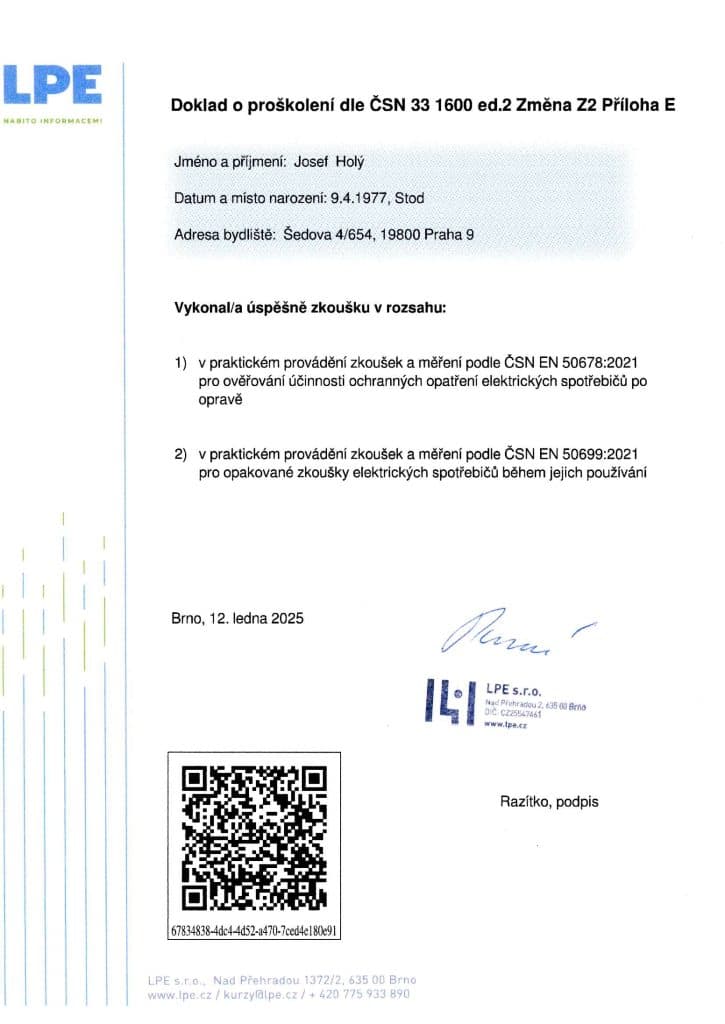 Doklad o přoskolení dle ČSN 33 1600 - Revizní technik Josef Holý